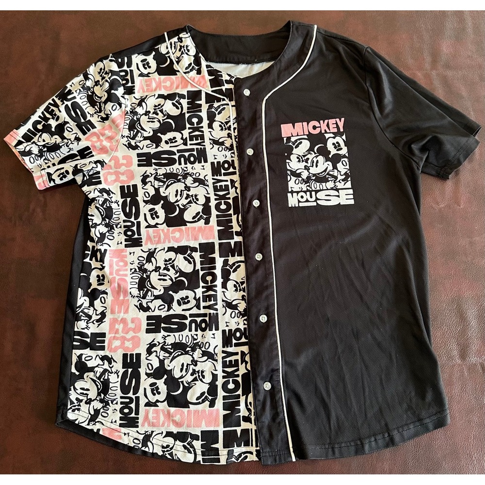 Disney Mickey Mouse Baseball Jersey XL Black Pink Split Graphic Mesh Button Up